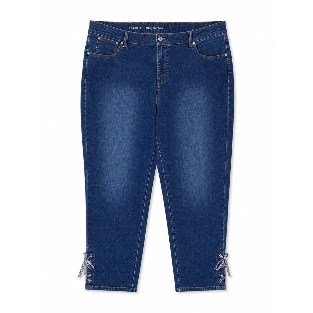 Talbots Flawless Plus Size 18W Slim Ankle Jeans Blue Gingham Bow Detail Denim